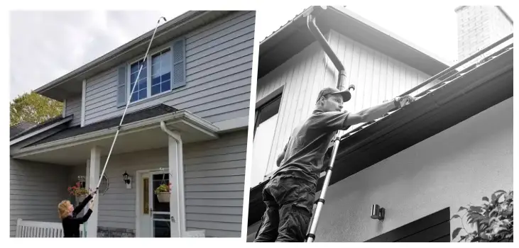 collage of woman using GutterJet and a black and white man in a ladder
